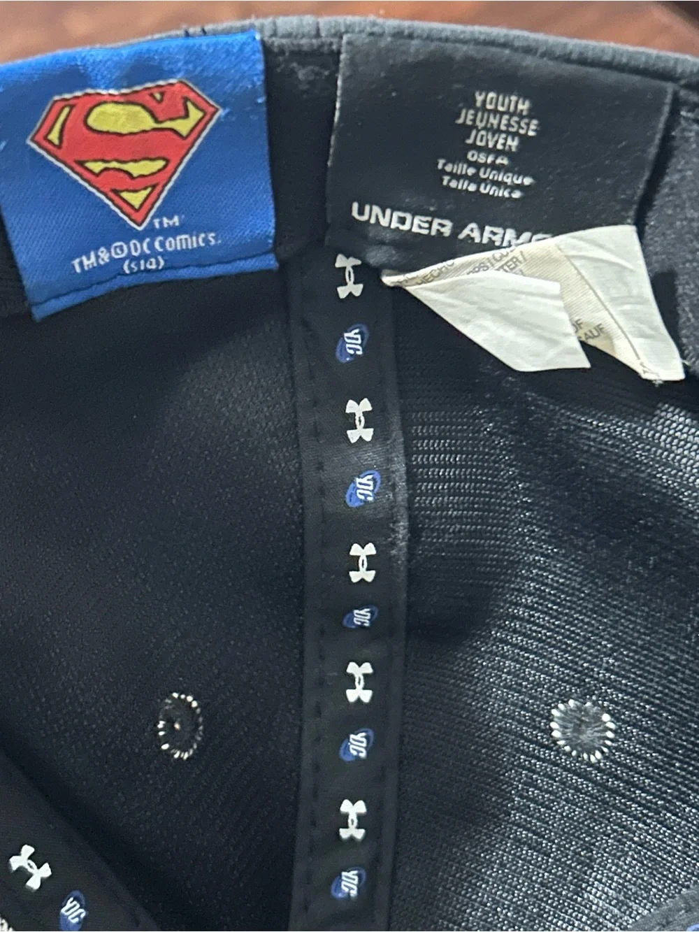 Under Armour Superman Kids Black Snapback Hat with Blue Patterned Brim